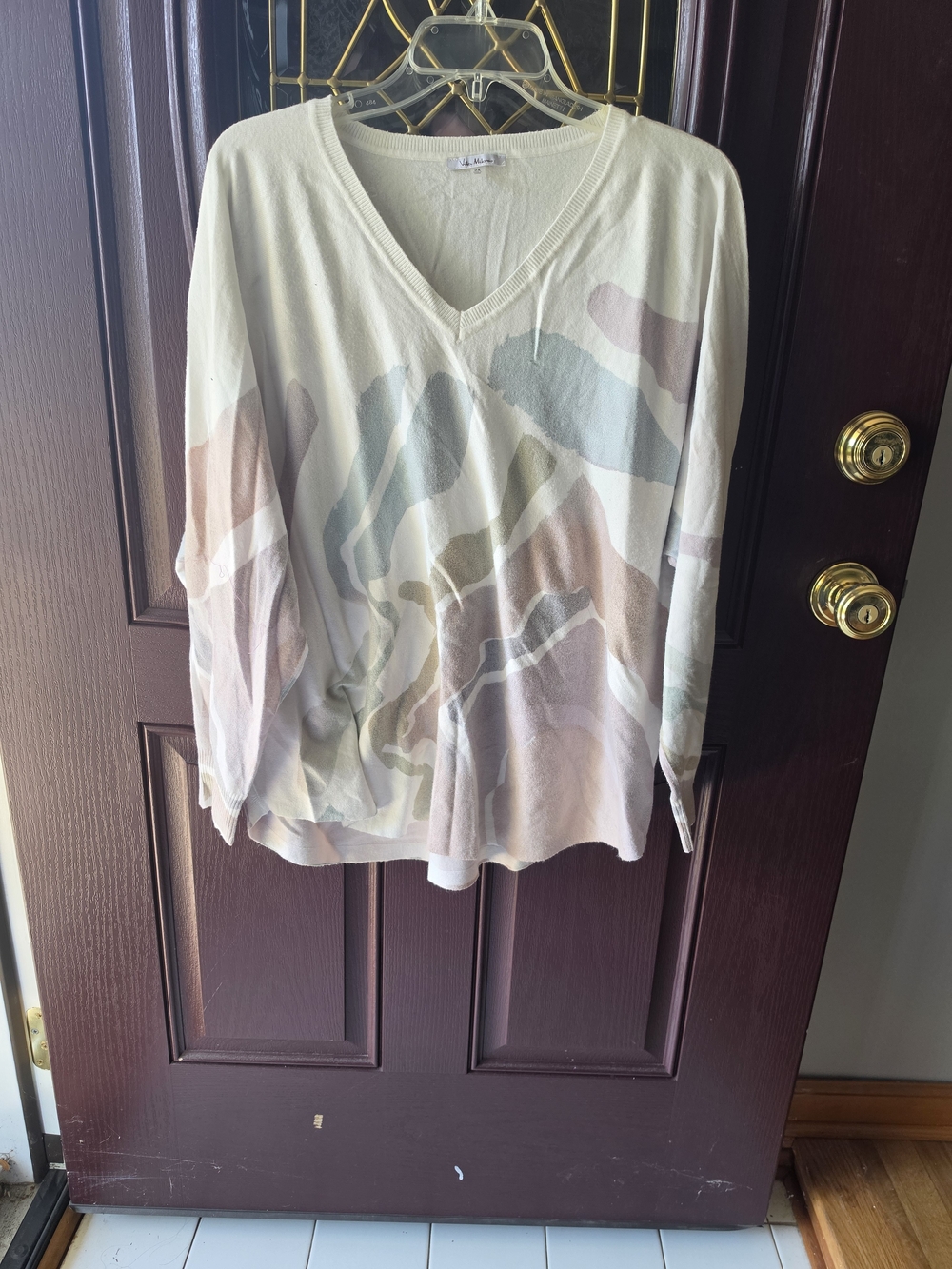 Milano Women's V-Neck Sweater in Cream with Blush, Sage & Taupe Print